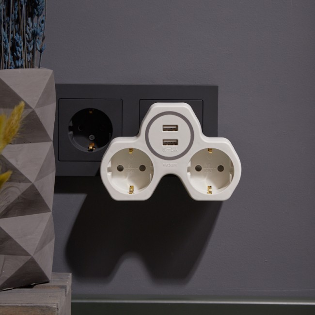 Двойник электрический 16 А с заземлением и защитными шторками + 2 USB порта, 2,4 А, белый REXANT 