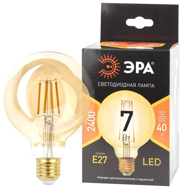 Лампа светодиодная филаментная F-LED G95-7W-824-E27 gold (филамент, шар зол, 7Вт, тепл, E27) (20/420) ЭРА