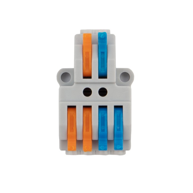 Клемма СМК 2х2 проходная разветвительная 2 полюса, с монтажной площадкой (1 ввод, 2 вывода на полюс) (50 шт./уп.) REXANT Клемма СМК 2х2 проходная разветвительная 2 полюса, с монтажной площадкой (1 ввод, 2 вывода на полюс) (50 шт./уп.) REXANT