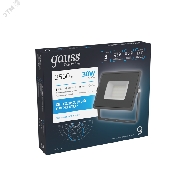 Прожектор светодиодный ДО-30 Вт 2550 Лм 6500К 200-240 В IP65 графитовый LED Qplus Gauss Прожектор светодиодный ДО-30 Вт 2550 Лм 6500К 200-240 В IP65 графитовый LED Qplus Gauss