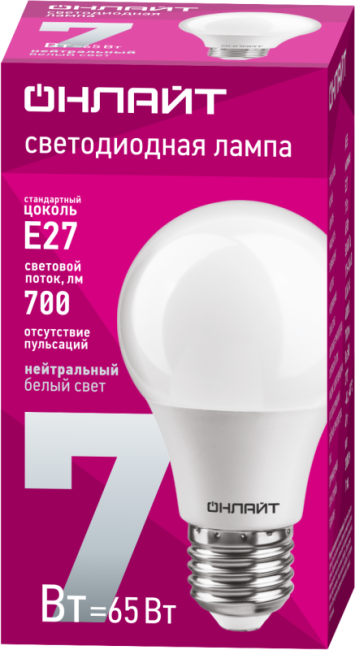 Лампа светодиодная 71 648 OLL-A60-7-230-4K-E27 7Вт грушевидная 4000К нейтр. бел. E27 610лм 220-240В ОНЛАЙТ 71648