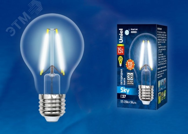 Лампа светодиодная LED-A60-15W/4000K/E27/CL PLS02WH Форма A прозрачная Серия Sky Белый свет (4000K) Картон ТМ Uniel