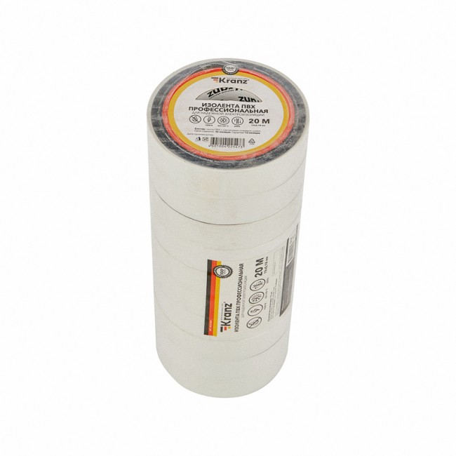 Изолента ПВХ профессиональная, 0,18х19 мм, 20 м, белая KRANZ