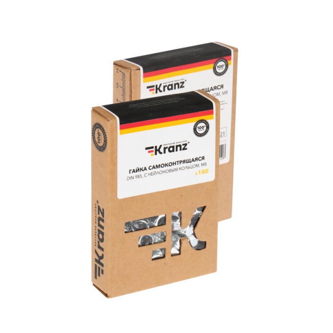 Гайка самоконтрящаяся DIN 985, с нейлоновым кольцом, M8 короб (100 шт/уп) KRANZ