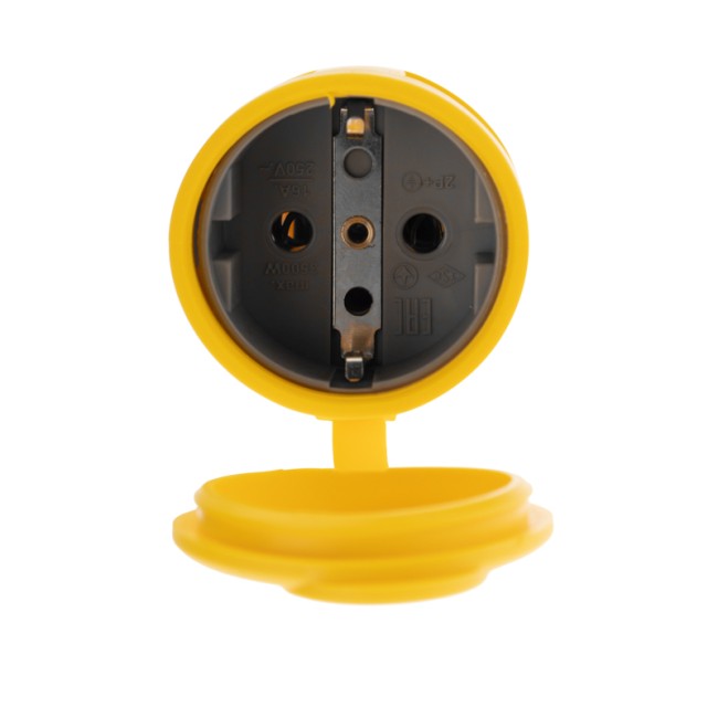 Розетка переносная влагозащищенная с крышкой, с/з, 16 А, IP44, каучук желтая REXANT