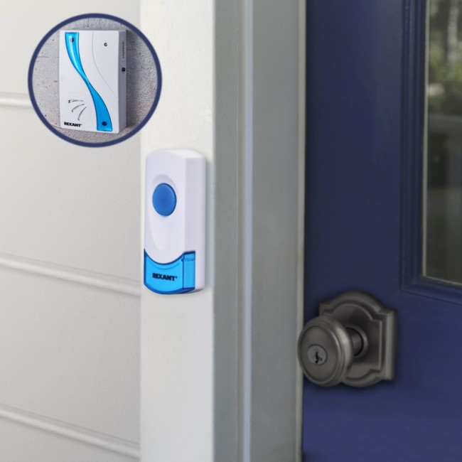 Беспроводной дверной звонок 32 мелодии 100м кнопка IP 44 (белый/синий) REXANT RX-2