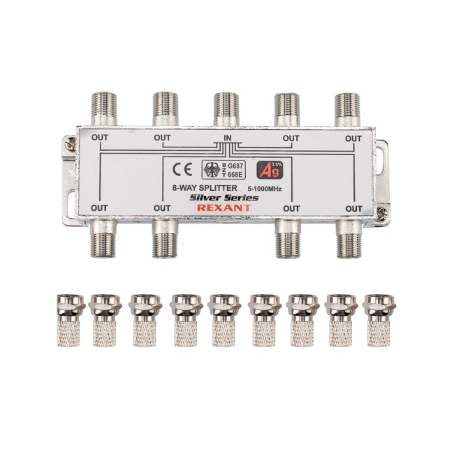 Делитель ТВх8 под F-разъем, 5-1000МГц, Silver (9 F-разъемов в комплекте) REXANT