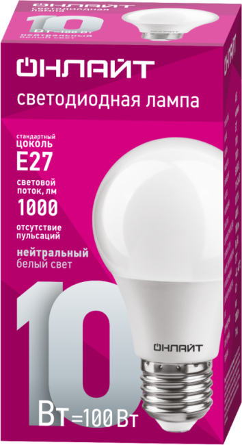 Лампа светодиодная 71 650 OLL-A60-10-230-4K-E27 10Вт грушевидная 4000К нейтр. бел. E27 820лм 220-240В ОНЛАЙТ 71650