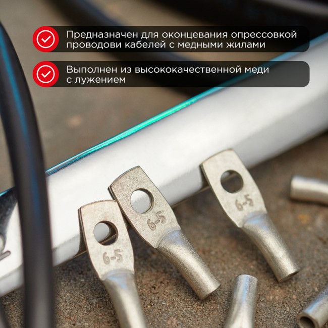 Наконечник медный луженый ТМЛ 6–5–4 (6мм² - Ø 5мм) ГОСТ 7386-80 (в упак. 10 шт.) REXANT