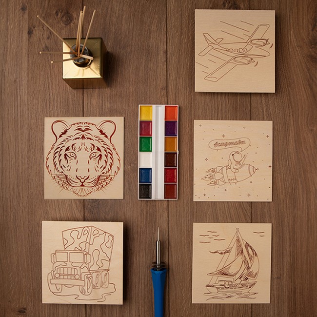 Доски для выжигания «Для мальчиков», 150х150мм, набор 5 шт. (тигр, самолет, машина, парусник, космос) пакет REXANT Доски для выжигания «Для мальчиков», 150х150мм, набор 5 шт. (тигр, самолет, машина, парусник, космос) пакет REXANT