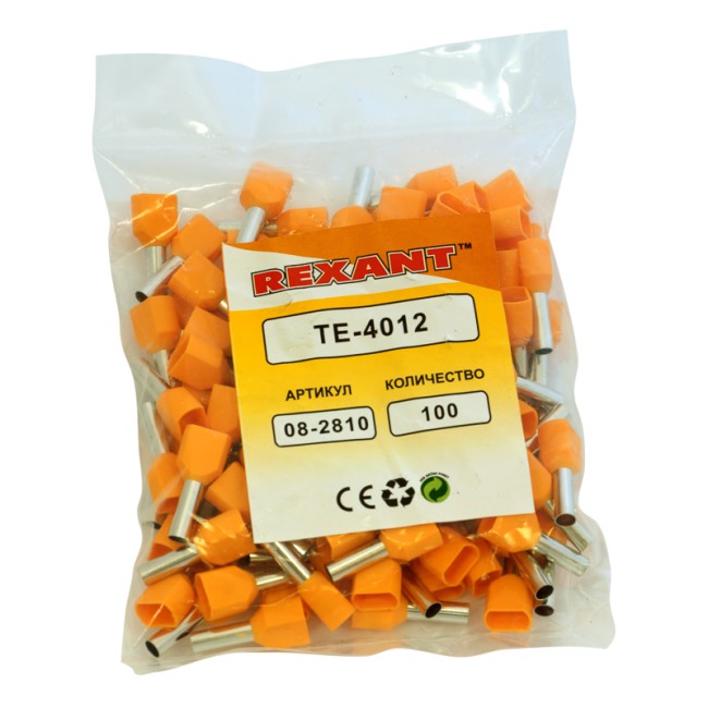 Наконечник штыревой втулочный изолированный F-12 мм 2х4 мм² (НШВи(2) 4.0-12/НГи2 4,0-12) оранжевый REXANT Наконечник штыревой втулочный изолированный F-12 мм 2х4 мм² (НШВи(2) 4.0-12/НГи2 4,0-12) оранжевый REXANT