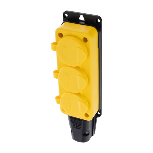 Розетка штепсельная трехместная влагозащищенная, с/з, 16 А, IP54, каучук желтая REXANT