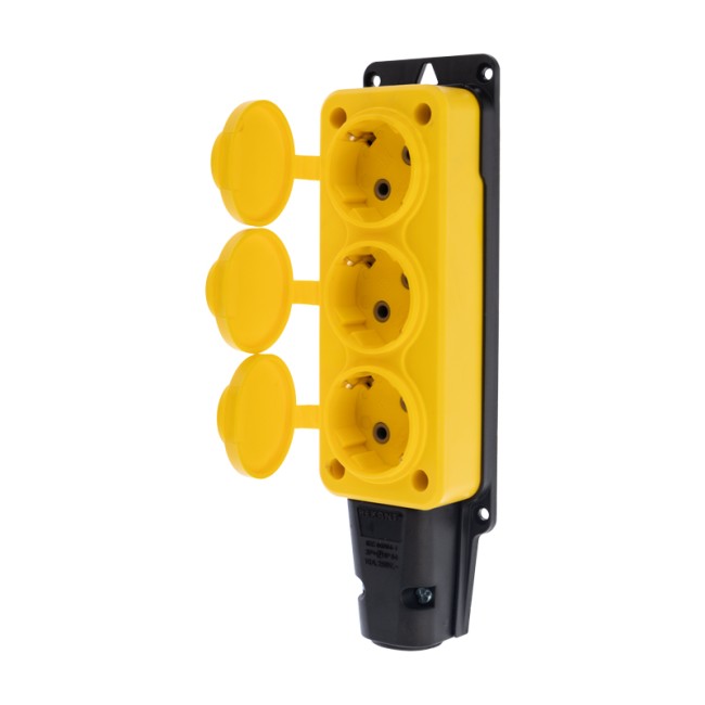 Розетка штепсельная трехместная влагозащищенная, с/з, 16 А, IP54, каучук желтая REXANT