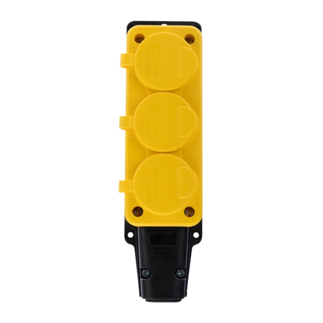 Розетка штепсельная трехместная влагозащищенная, с/з, 16 А, IP54, каучук желтая REXANT