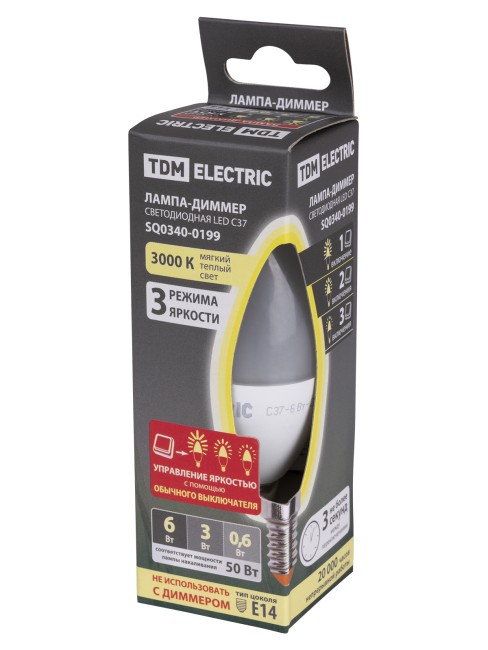 Лампа светодиодная С37-6 Вт-230 В-3000 К–E14 "Лампа-ДИММЕР" TDM Лампа светодиодная С37-6 Вт-230 В-3000 К–E14 "Лампа-ДИММЕР" TDM