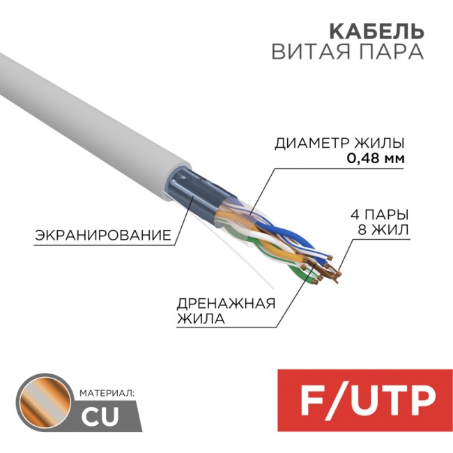 Кабель витая пара F/UTP, CAT 5е, PVC, 4PR, 24AWG, INDOOR, SOLID, серый, 100м PROconnect