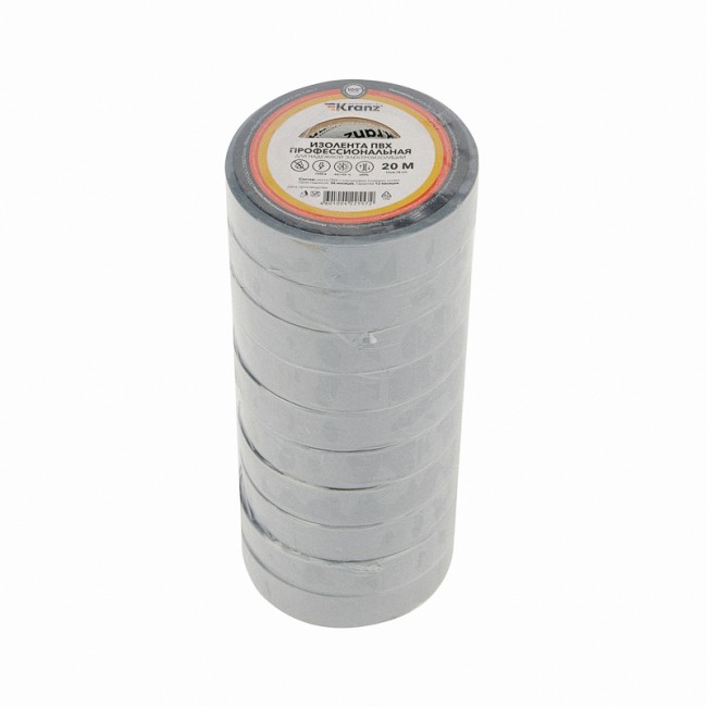 Изолента ПВХ профессиональная, 0,18х19 мм, 20 м, серая KRANZ