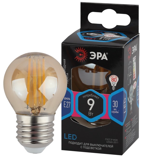 Лампа светодиодная F-LED P45-9W-840-E27 gold  (филамент, шар золот, 9Вт, нейтр, E27) (10/100/3600) ЭРА