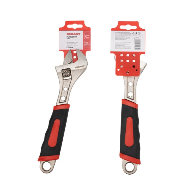 Разводной ключ 250мм никелированный, двухкомпонентная рукоятка REXANT  Разводной ключ 250мм никелированный, двухкомпонентная рукоятка REXANT