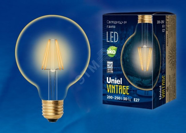 Лампа светодиодная декоративная LED 6вт 220-250В шар G95 510Лм Е27 2250К золотая колба Uniel Vintage
